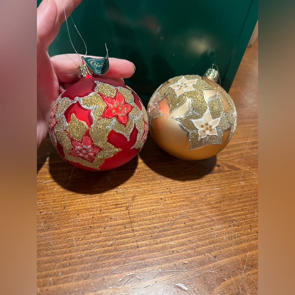 VTG Christborn Poinsettia Red & Gold  Blown Glass Ornaments Set Of 2 Germany